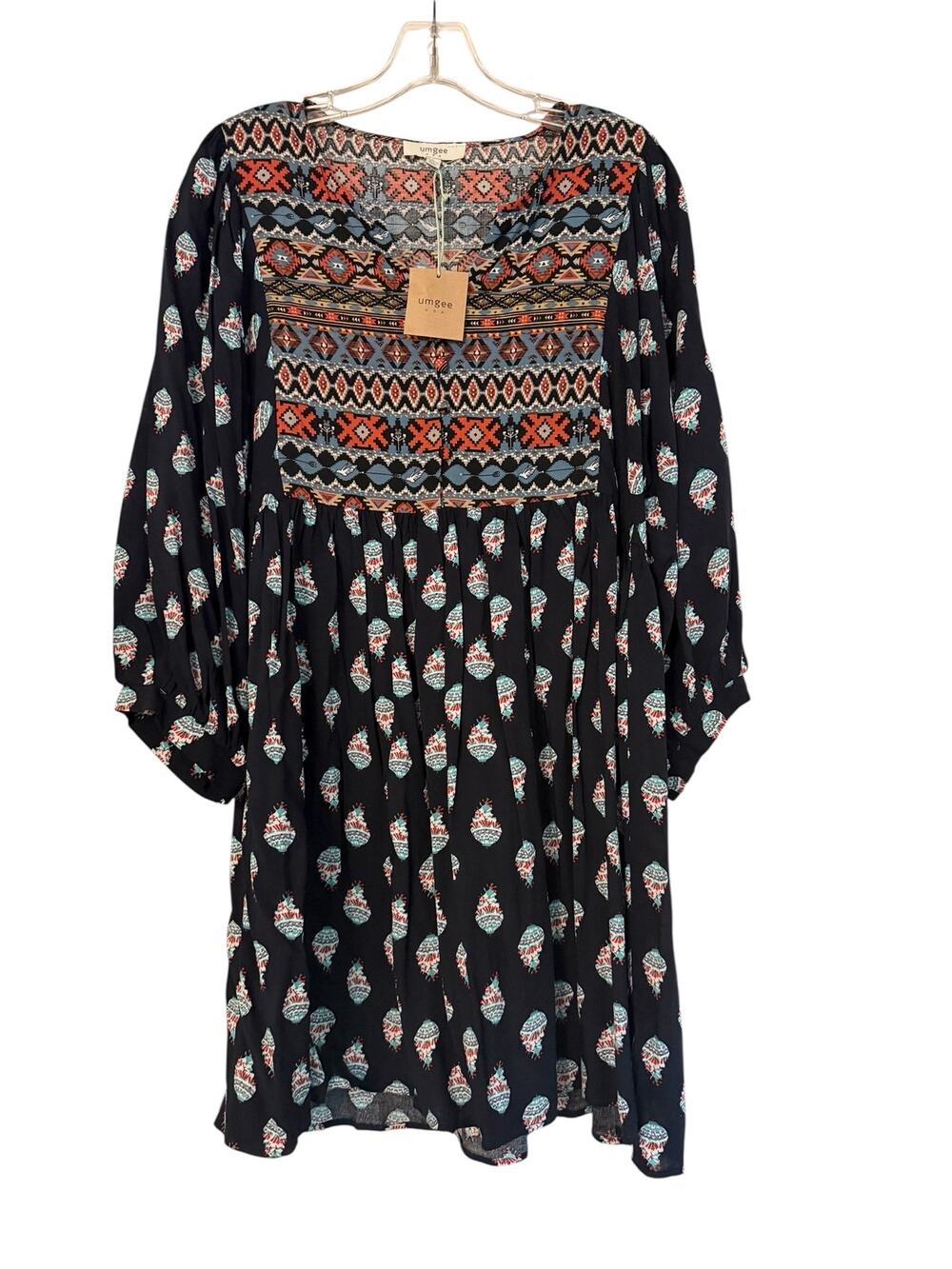 NWT Umgee Boho Peasant Dress Large Mixed Print Long Sleeve Babydoll Mini Dress